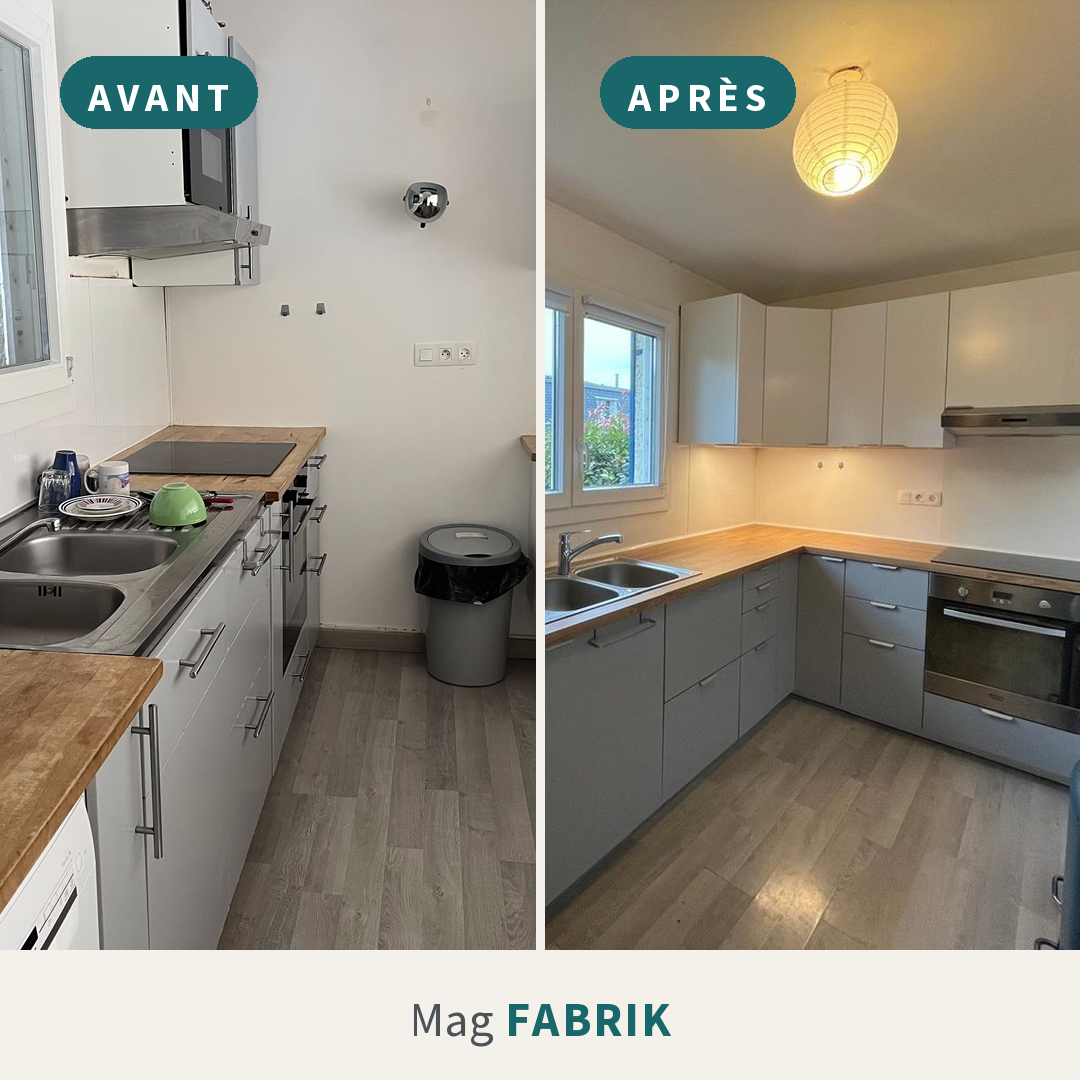 Avant / après : cuisine rénovée, façades grises et plan de travail bois