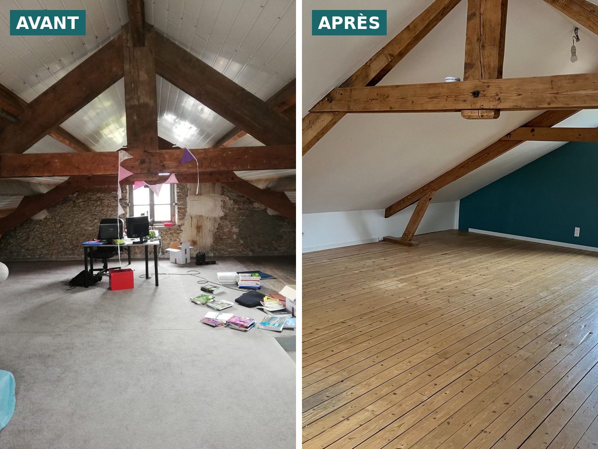 Avant / après : rénovation de combles, parquet restauré et mur d'accent